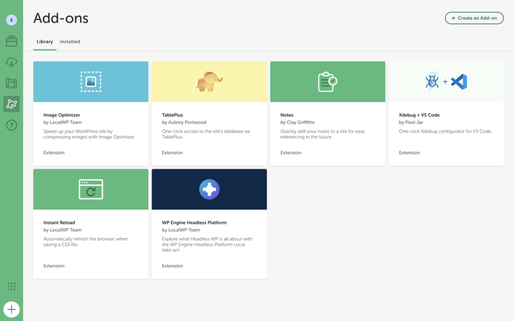 Bibliothèque "Add-ons" de Local avec six modules disponibles, "Image Optimizer", "TablePlus", "Notes", "Xdebug + VS Code", "Instant Reload" et "WP Engine Headless Platform".