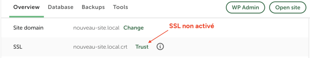 Fiche d'un site Local avec le bouton "Trust" cliquable à côté du certificat SSL, signe que le certificat n'est pas encore approuvé.