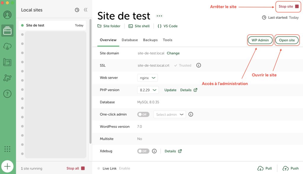 Boutons pour arrêter le site, accéder à l'administration ou ouvrir le site depuis Local.