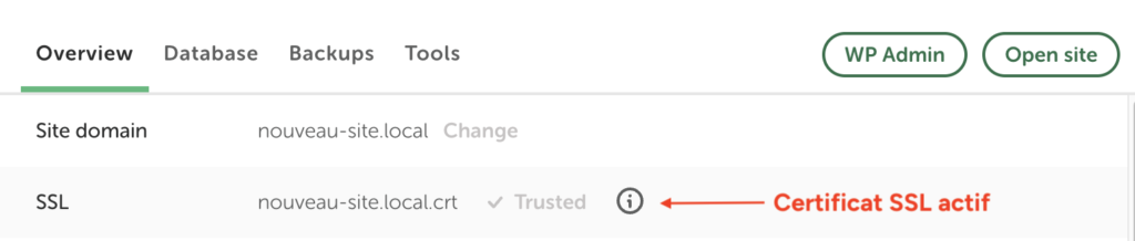 Fiche du site Local avec le certificat SSL affiché en "Trusted", non cliquable, signe que le certificat est bien approuvé.