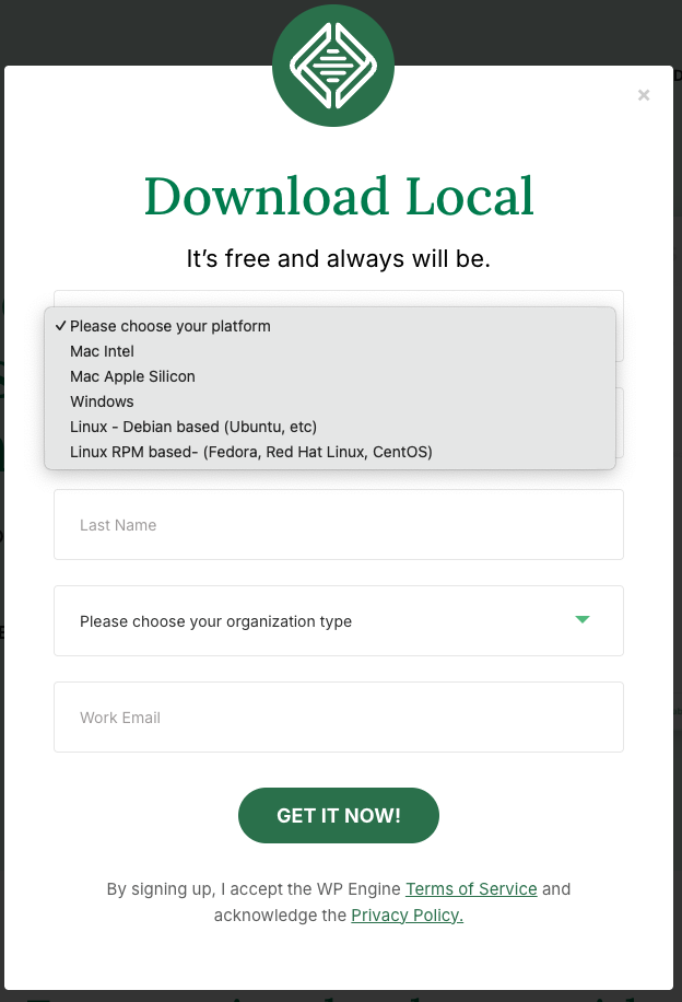 Menu déroulant de sélection du système d'exploitation pour installer Local, Mac, Windows ou Linux.