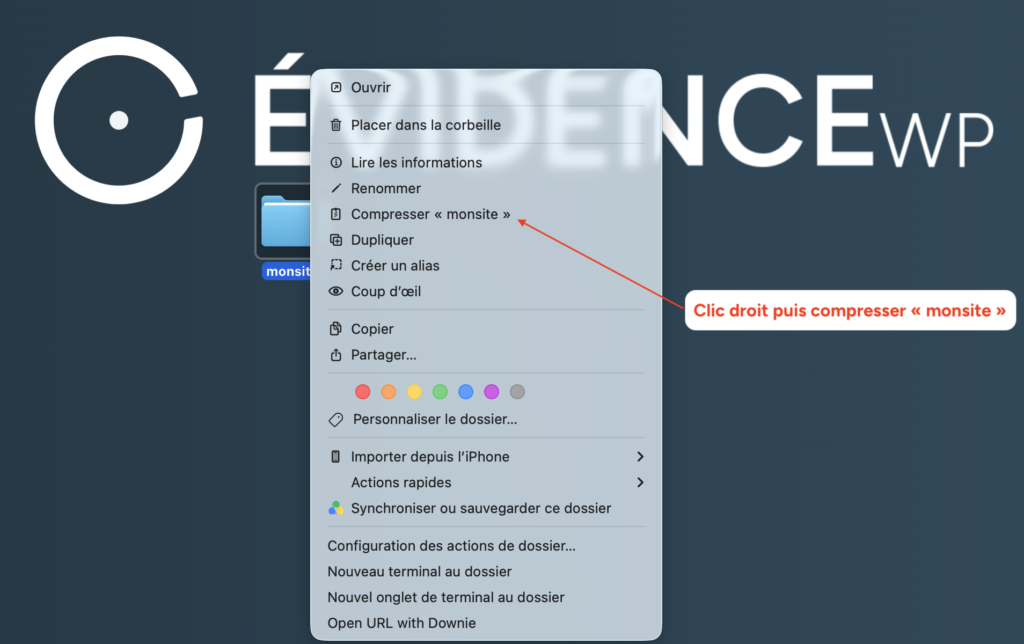 Clic droit sur un dossier macOS affichant l'option "Compresser « monsite »".