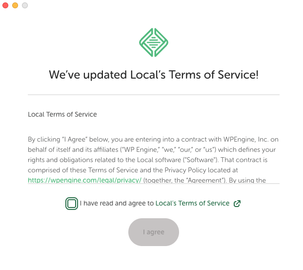 Écran des conditions d'utilisation à accepter au premier lancement de Local.