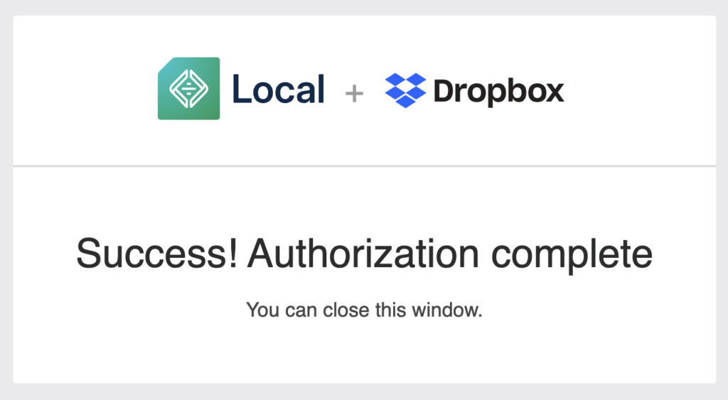 Confirmation de connexion réussie entre Local et Dropbox.