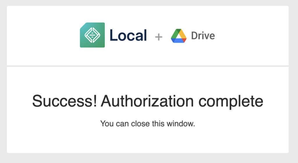 Confirmation de connexion réussie entre Local et Google Drive.