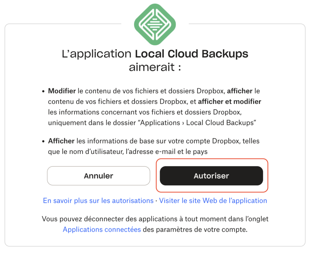 Écran d'autorisation Dropbox limitant l'accès de Local Cloud Backups à son propre dossier applicatif.