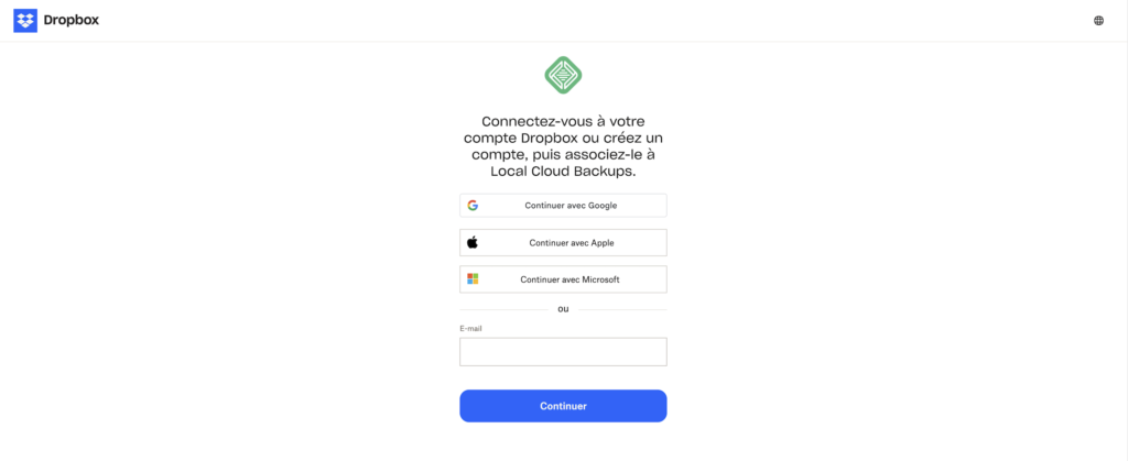 Écran de connexion Dropbox pour associer un compte à Local Cloud Backups.
