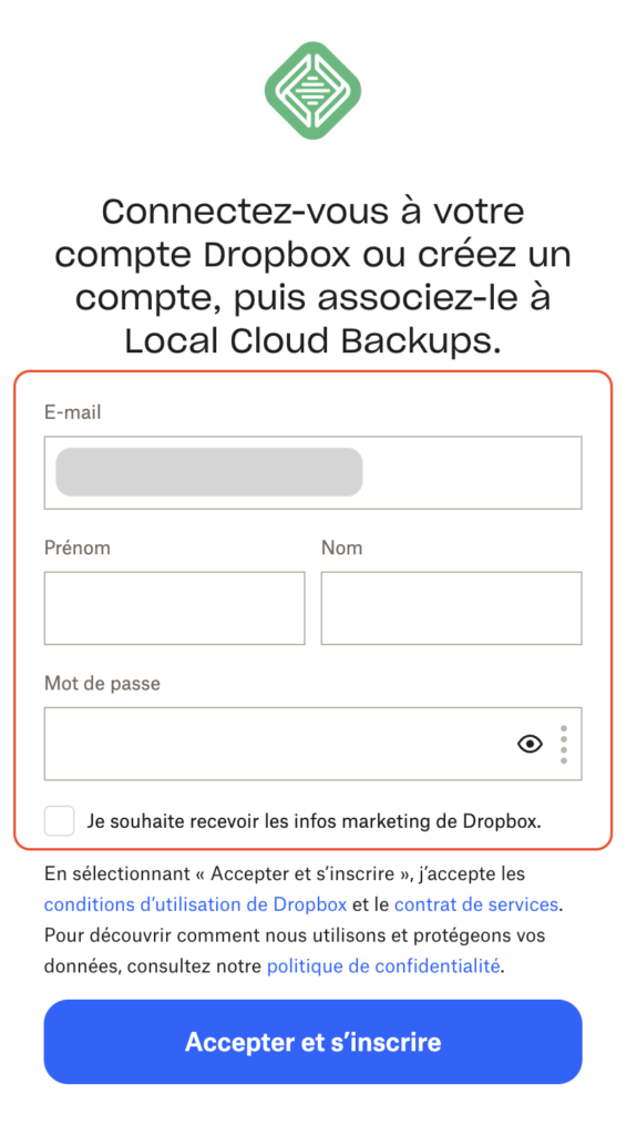 Formulaire de création d'un compte Dropbox avec email, prénom, nom et mot de passe.