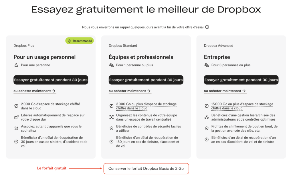 Proposition d'essai gratuit des forfaits payants Dropbox avec l'option de conserver le forfait gratuit Basic.