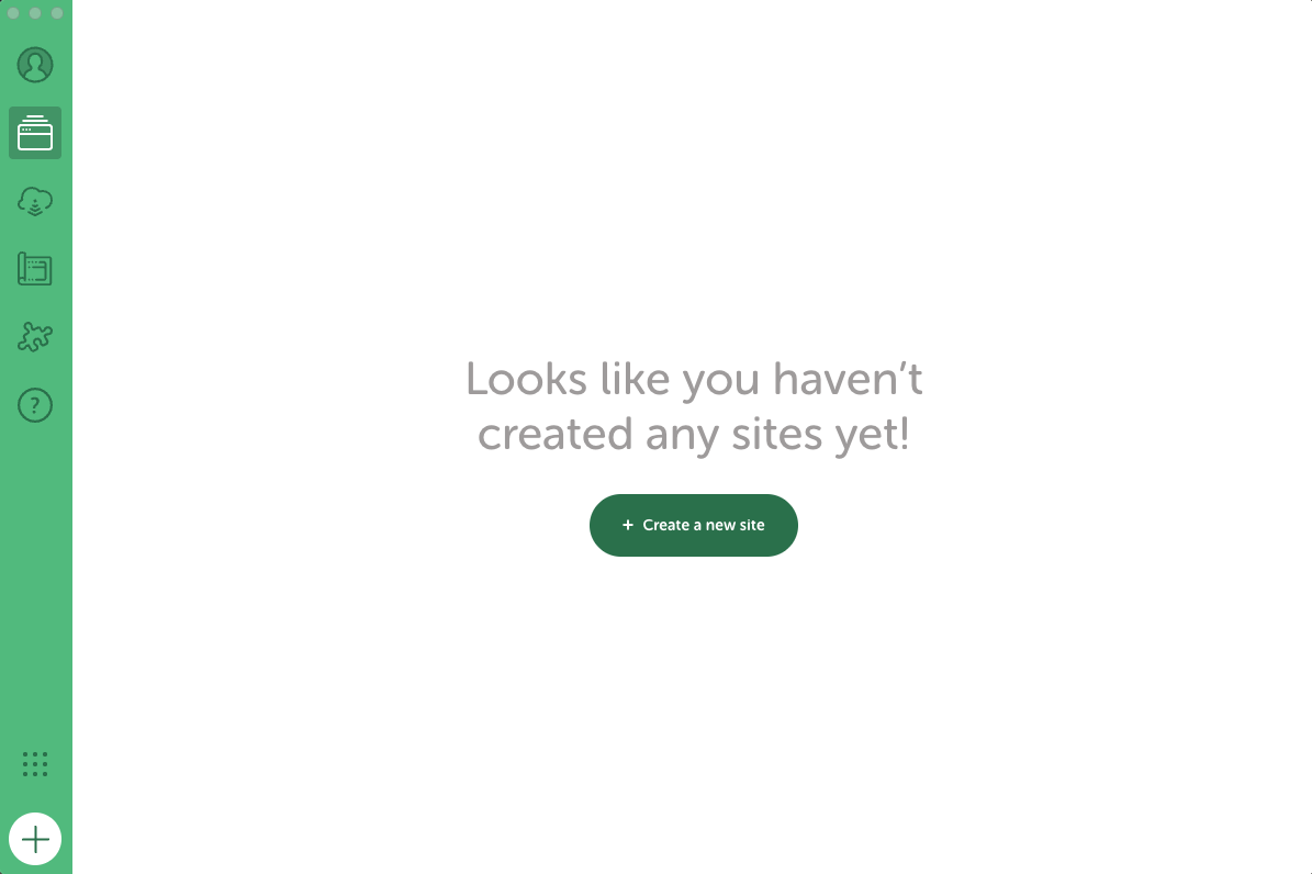 Écran d'accueil de Local sans aucun site créé avec le bouton créer un nouveau site.