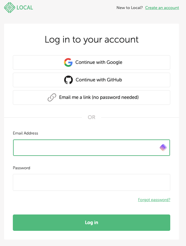 Écran de connexion à un compte Local avec les options Google, GitHub ou email.