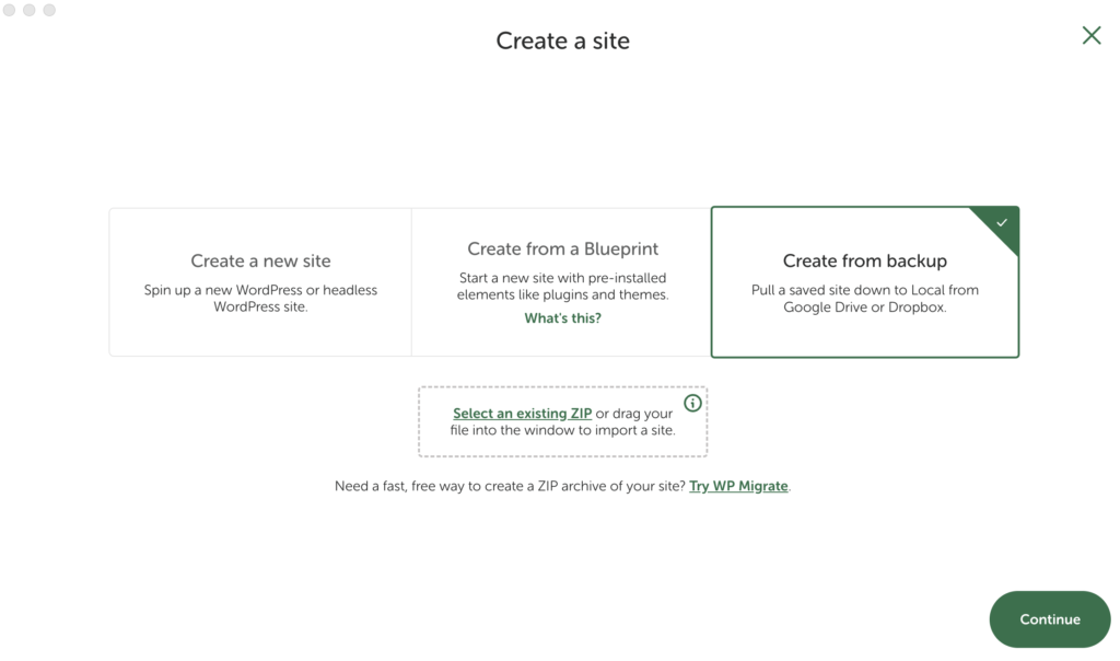 Écran "Create a site" de Local avec l'option "Create from backup" sélectionnée.