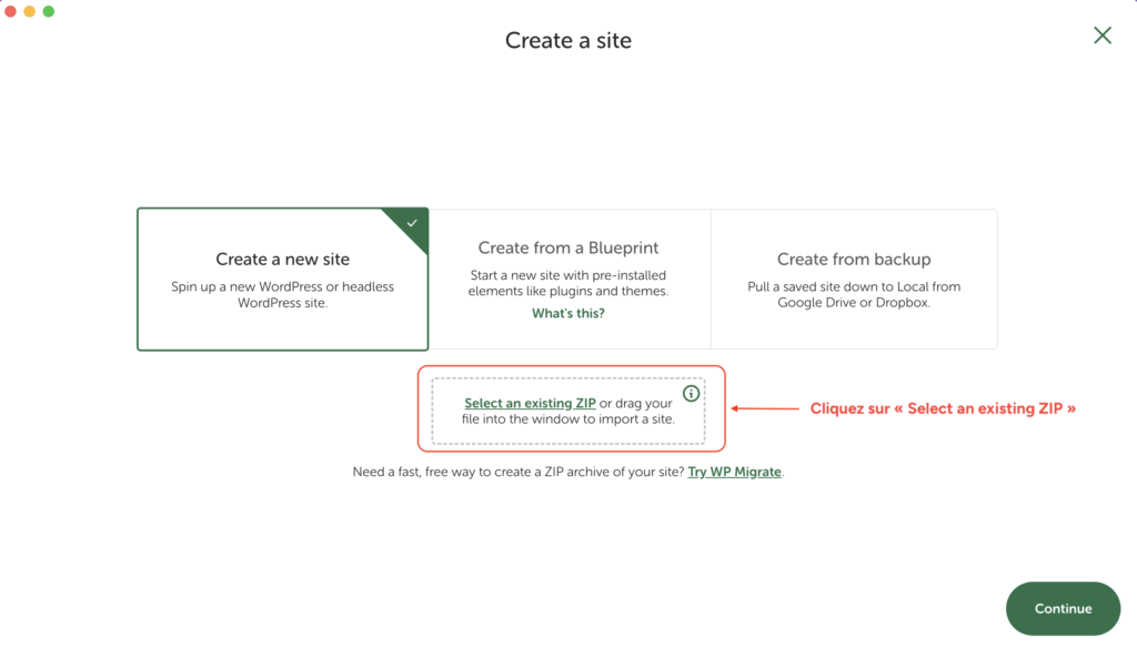Écran "Create a site" de Local avec l'option "Select an existing ZIP" mise en évidence.