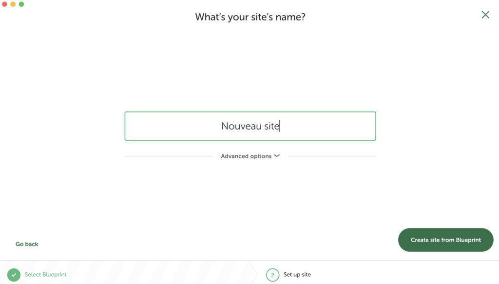 Écran de nommage d'un nouveau site créé à partir d'un Blueprint sur Local.