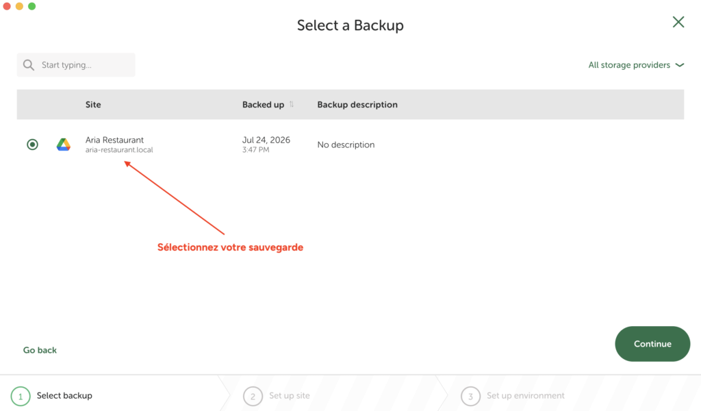 Écran "Select a Backup" de Local affichant une sauvegarde disponible avec sa date et son stockage d'origine.
