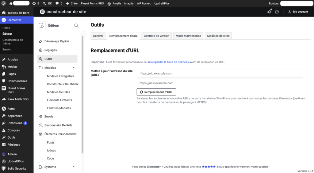 Onglet "Remplacement d'URL" dans Elementor avec les champs ancienne et nouvelle adresse du site.