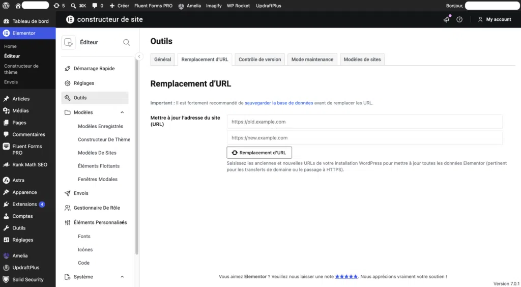 Onglet "Remplacement d'URL" dans Elementor avec les champs ancienne et nouvelle adresse du site.