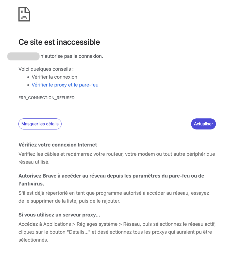 Message d'erreur du navigateur Brave bloquant la connexion locale nécessaire à l'autorisation de Local.