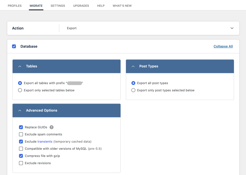 Panneau "Database" de l'export WP Migrate Lite avec les options "Tables", "Post Types" et "Advanced Options".