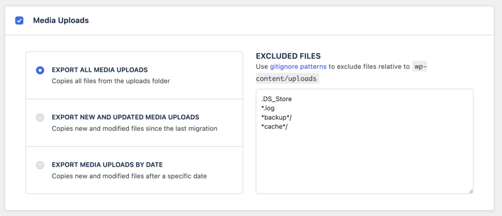 Panneau "Media Uploads" de l'export WP Migrate Lite avec l'option "Export all media uploads" sélectionnée.