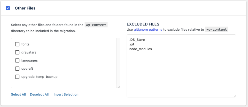 Panneau "Other Files" de l'export WP Migrate Lite listant les dossiers additionnels du répertoire wp-content.