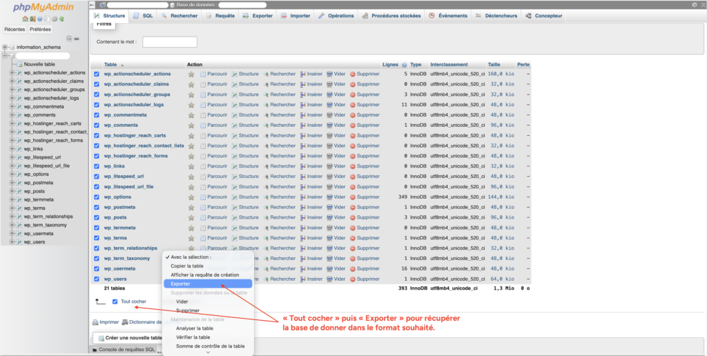 Interface phpMyAdmin, sélection de toutes les tables de la base de données WordPress avant export via le menu Avec la sélection