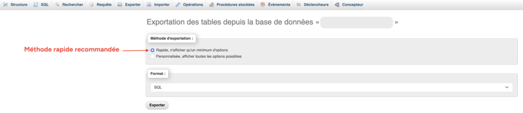 Écran d'export phpMyAdmin avec la méthode Rapide sélectionnée et le format SQL, recommandés pour sauvegarder une base de données WordPress.