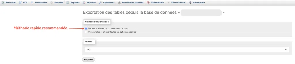 Écran d'export phpMyAdmin avec la méthode Rapide sélectionnée et le format SQL, recommandés pour sauvegarder une base de données WordPress.