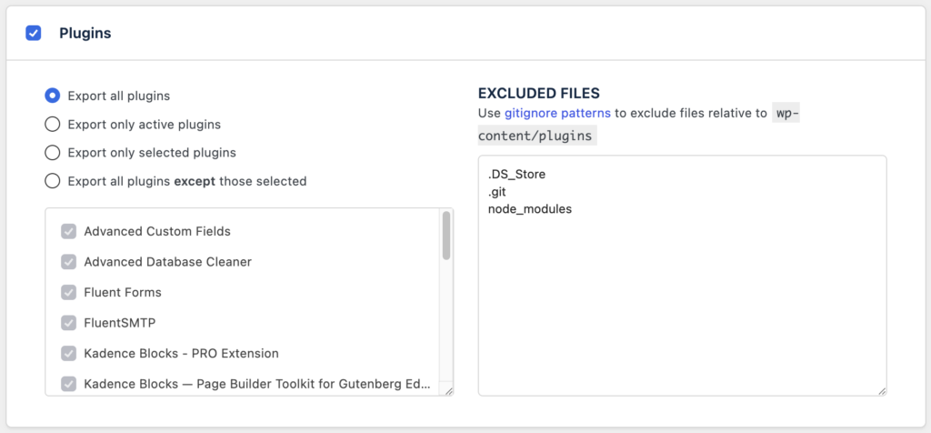 Panneau "Plugins" de l'export WP Migrate Lite avec l'option "Export all plugins" sélectionnée.