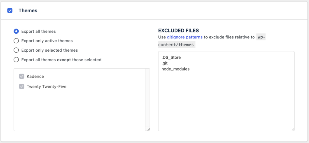 Panneau "Themes" de l'export WP Migrate Lite avec l'option "Export all themes" sélectionnée.