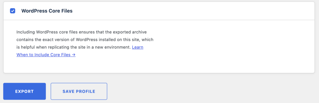 Panneau "WordPress Core Files" coché avec les boutons "Export" et "Save Profile" de WP Migrate Lite.
