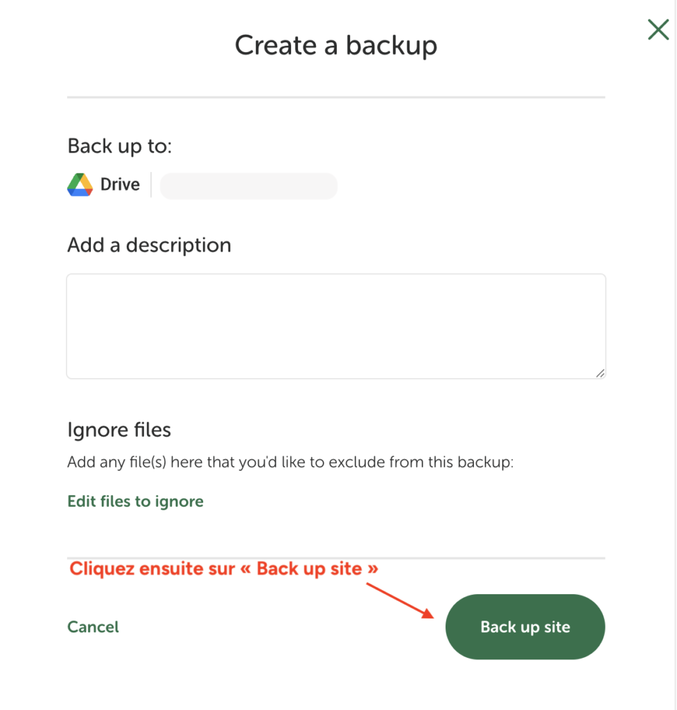"Create a backup" de Local avec le champ de description et le bouton "Back up site".