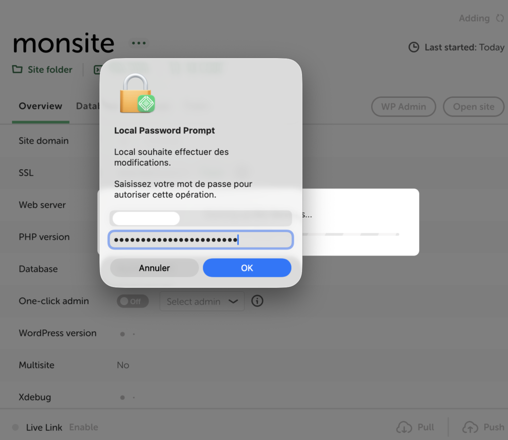 Fenêtre "Local Password Prompt" demandant le mot de passe administrateur de l'ordinateur.