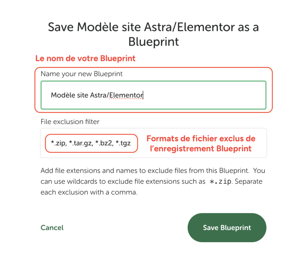 Fenêtre d'enregistrement d'un Blueprint avec le champ du nom et le filtre d'exclusion de fichiers.