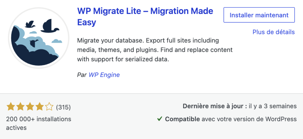 Fiche du plugin "WP Migrate Lite – Migration Made Easy" sur le répertoire WordPress.org, avec le bouton "Installer maintenant".