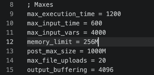 Contenu du fichier "php.ini.hbs" avec la ligne "memory_limit" réglée sur 256M.