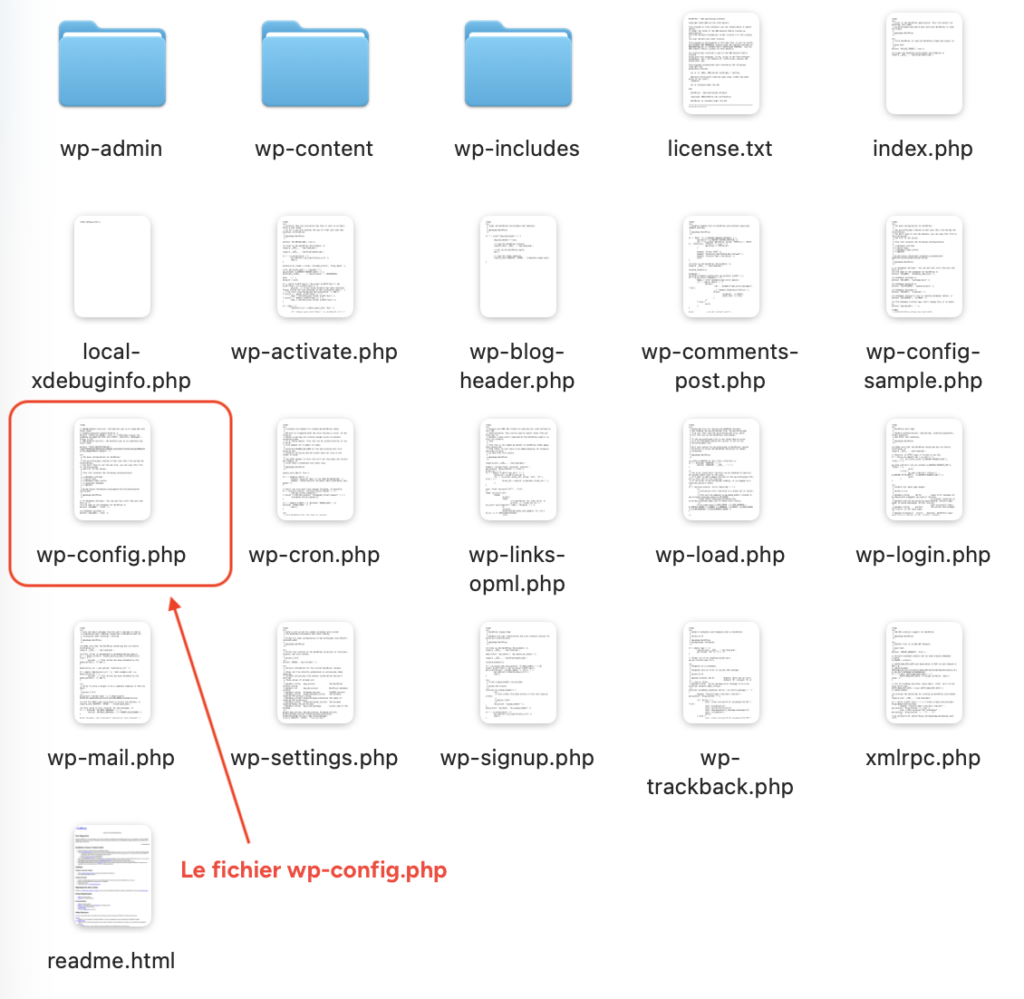 Capture d'écran du coeur de WordPress, aussi appelé "core" en anglais, dans lequel on aperçoit les fichiers essentiels au fonctionnement de WordPress dont le fichier wp-config.php.