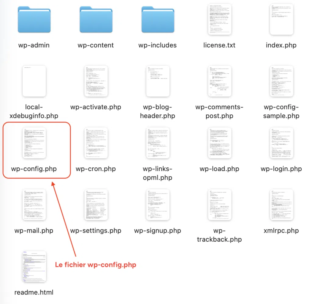 Capture d'écran du coeur de WordPress, aussi appelé "core" en anglais, dans lequel on aperçoit les fichiers essentiels au fonctionnement de WordPress dont le fichier wp-config.php.