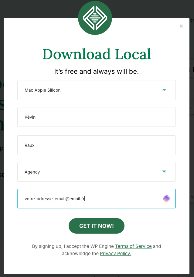Formulaire de téléchargement de Local avec choix de la plateforme Mac et informations à renseigner.