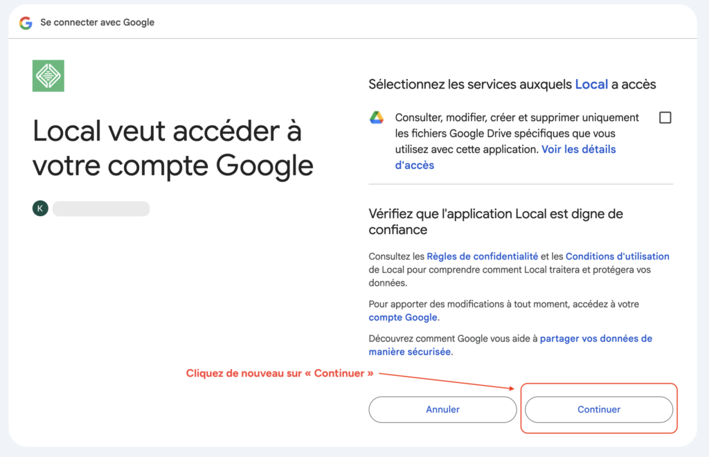 Écran Google d'autorisation d'accès à Google Drive demandé par Local, limité au strict nécessaire.