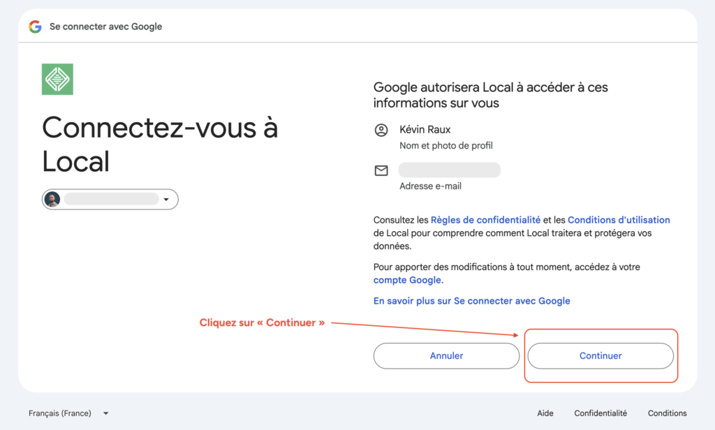 Écran de connexion à Local via Google avec le bouton "Continuer" pour valider l'accès.