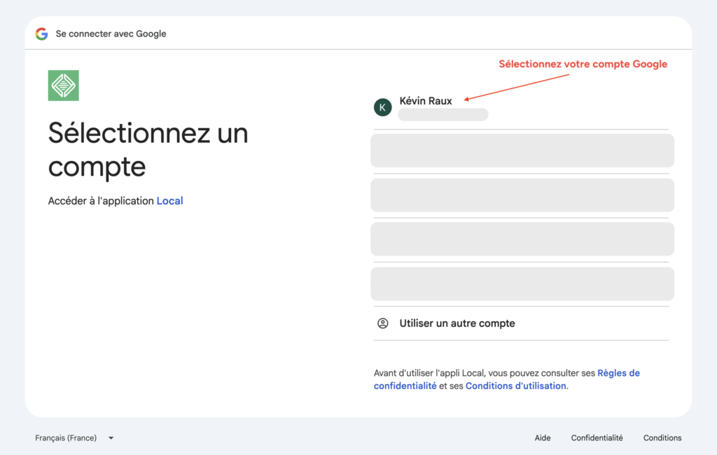 Écran Google de sélection du compte à utiliser pour connecter Local.