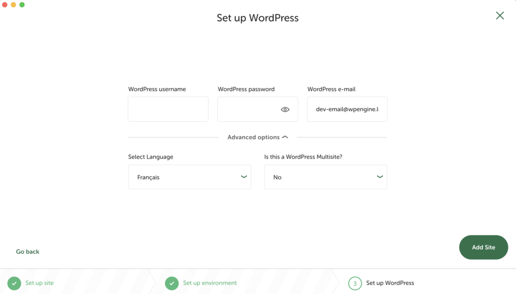 Configuration des identifiants WordPress, de la langue française et de l'option multisite sur Local.