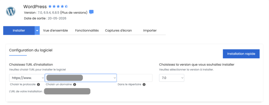 Écran de configuration de l'installateur WordPress dans Softaculous, avec les champs pour choisir l'URL d'installation, la version à installer, et le bouton Installation rapide.