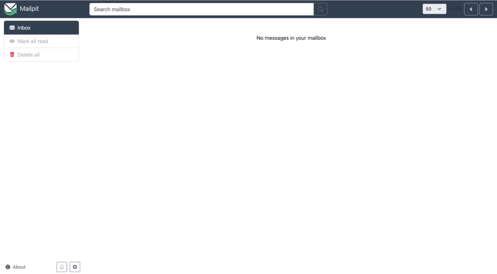 Interface "Mailpit" affichant une boîte de réception vide, avec la mention "No messages in your mailbox".
