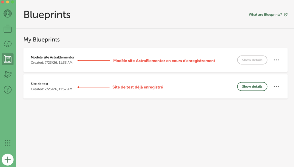 Liste « My Blueprints » sur Local avec deux modèles enregistrés et leur date de création.