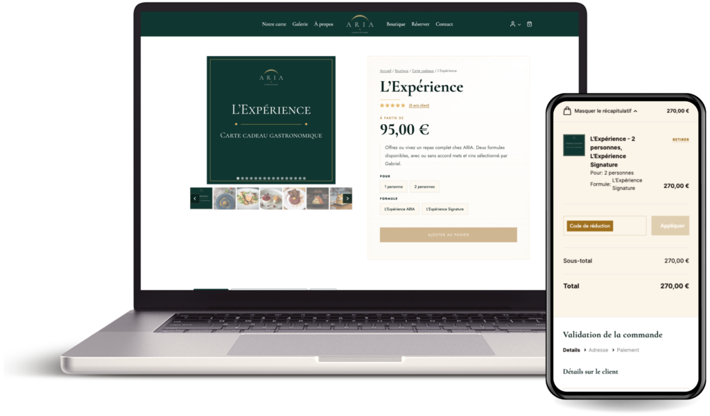 Mockup d'un site de restaurant gastronomique avec boutique WooCommerce intégrée, affichant sur ordinateur la fiche produit d'une carte cadeau et sur mobile le récapitulatif de commande et les étapes de validation de l'achat.