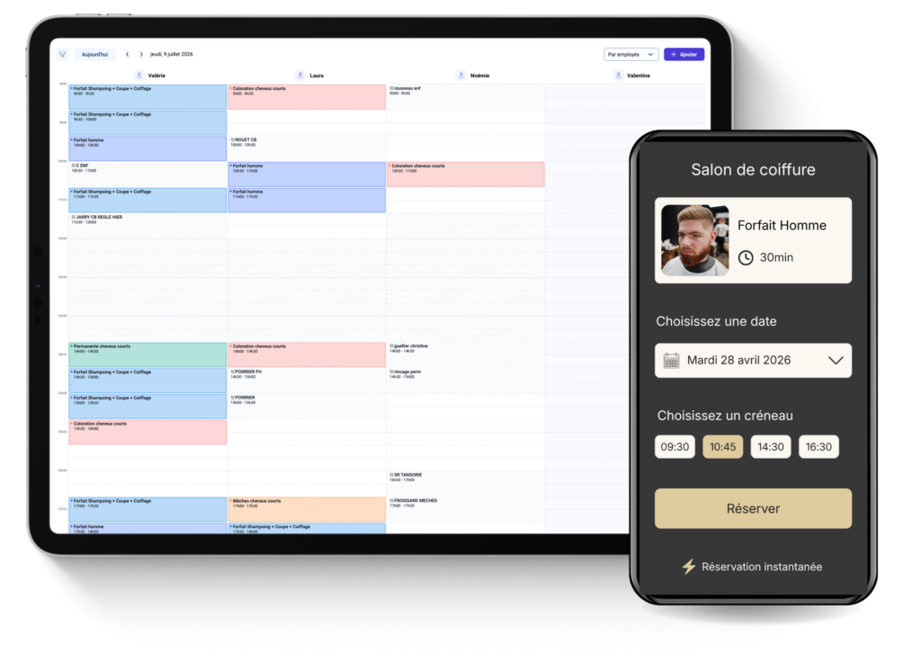 Mockup d'un site de salon de coiffure avec réservation en ligne WP Amelia, affichant sur tablette le planning des collaborateurs avec les rendez-vous du jour par employé, et sur mobile le formulaire de réservation client avec choix du service, de la date et du créneau horaire.