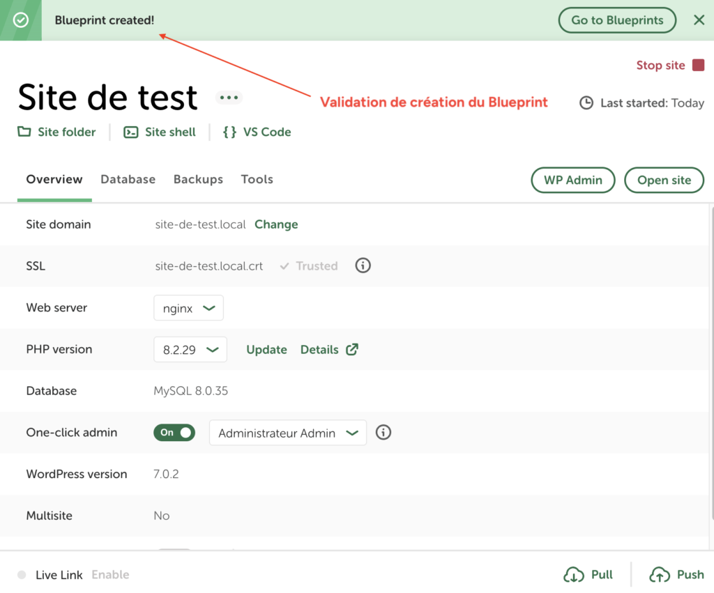 Notification « Blueprint created » confirmant l'enregistrement réussi du modèle sur Local.