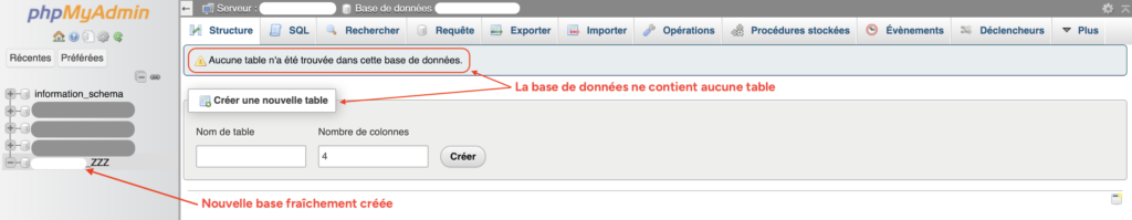 Interface phpMyAdmin affichant une base de données nouvellement créée, sans aucune table, avec le message "Aucune table n'a été trouvée dans cette base de données" et le formulaire pour créer une nouvelle table.